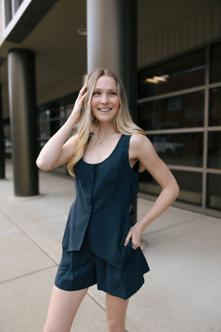 Button Down Linen Vest, Midnight