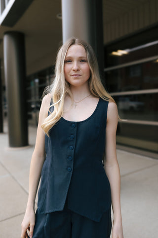 Button Down Linen Vest, Midnight