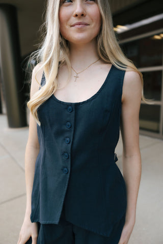 Button Down Linen Vest, Midnight