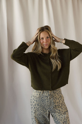Lightweight Button Down Knit Cardigan, Olive - The Red Thread Boutique
