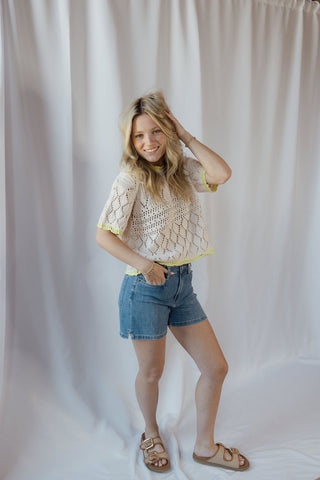 Sadie Lime Trim Crochet Sweater Top - The Red Thread Boutique