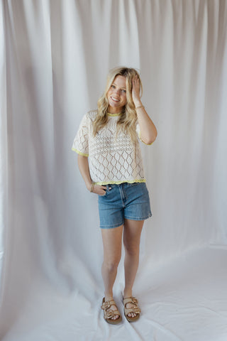 Sadie Lime Trim Crochet Sweater Top - The Red Thread Boutique