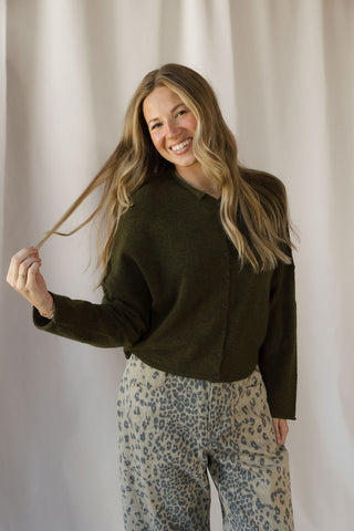 Lightweight Button Down Knit Cardigan, Olive - The Red Thread Boutique