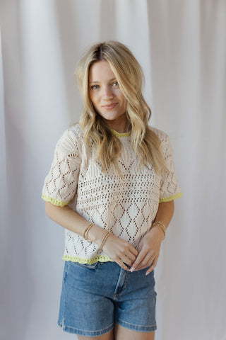 Sadie Lime Trim Crochet Sweater Top - The Red Thread Boutique
