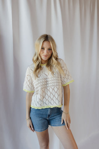 Sadie Lime Trim Crochet Sweater Top - The Red Thread Boutique