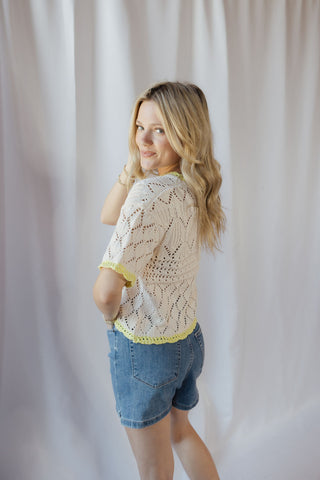 Sadie Lime Trim Crochet Sweater Top - The Red Thread Boutique