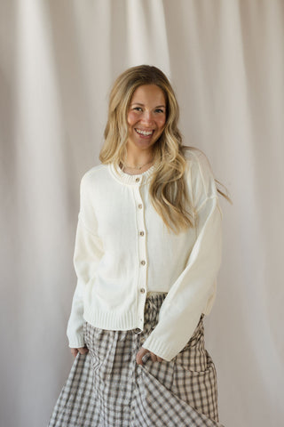 Anna Button Down Cardigan, Ivory - The Red Thread Boutique