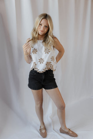 Flat White Embroidered Tank, White/Tan - The Red Thread Boutique