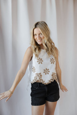 Flat White Embroidered Tank, White/Tan - The Red Thread Boutique