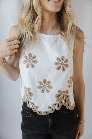 Flat White Embroidered Tank, White/Tan - The Red Thread Boutique