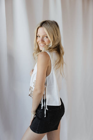 Flat White Embroidered Tank, White/Tan - The Red Thread Boutique