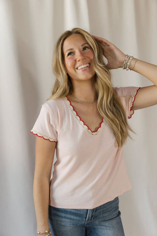 Emmie Scallop Trim Tee, Pink - The Red Thread Boutique