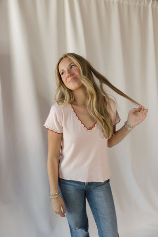Emmie Scallop Trim Tee, Pink - The Red Thread Boutique