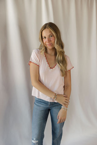 Emmie Scallop Trim Tee, Pink - The Red Thread Boutique