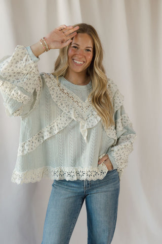 Amber Ruffle Lace Top, Sage Mint - The Red Thread Boutique