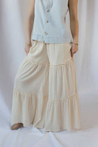 Oatmilk Latte Ruffle Chiffon Pants, Beige - The Red Thread Boutique
