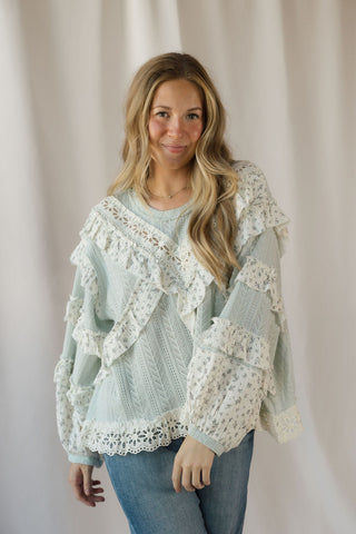 Amber Ruffle Lace Top, Sage Mint - The Red Thread Boutique