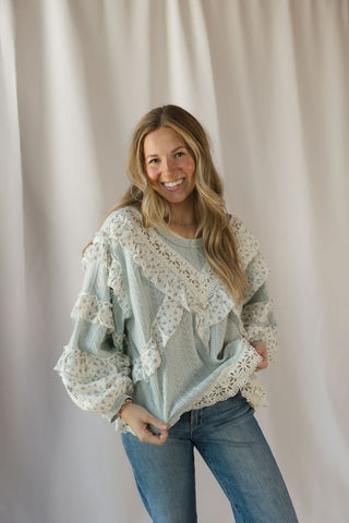Amber Ruffle Lace Top, Sage Mint - The Red Thread Boutique