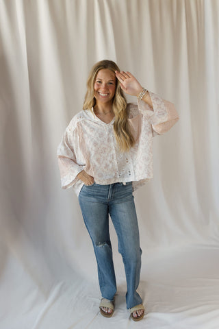 Destiny Eyelet Patchwork Top, Off White/Blush - The Red Thread Boutique