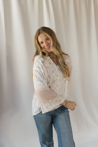 Destiny Eyelet Patchwork Top, Off White/Blush - The Red Thread Boutique
