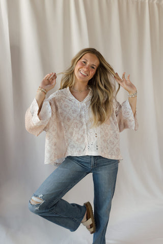 Destiny Eyelet Patchwork Top, Off White/Blush - The Red Thread Boutique
