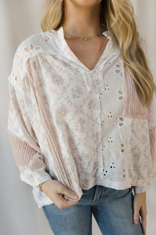 Destiny Eyelet Patchwork Top, Off White/Blush - The Red Thread Boutique