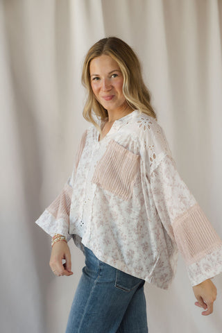 Destiny Eyelet Patchwork Top, Off White/Blush - The Red Thread Boutique