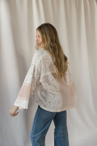 Destiny Eyelet Patchwork Top, Off White/Blush - The Red Thread Boutique