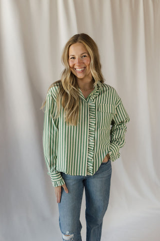 Serena Stripe Ruffle Button Up, Green - The Red Thread Boutique