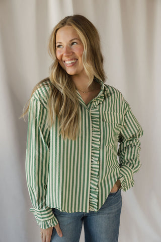 Serena Stripe Ruffle Button Up, Green - The Red Thread Boutique