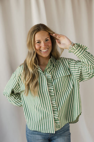 Serena Stripe Ruffle Button Up, Green - The Red Thread Boutique