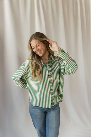 Serena Stripe Ruffle Button Up, Green - The Red Thread Boutique