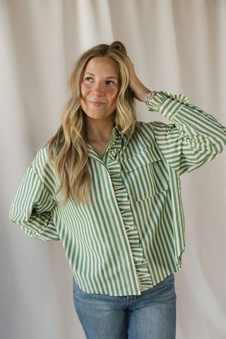 Serena Stripe Ruffle Button Up, Green - The Red Thread Boutique