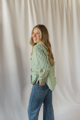 Serena Stripe Ruffle Button Up, Green - The Red Thread Boutique