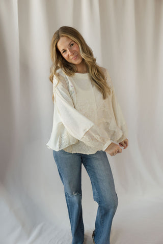 Gretchen Lace Patch Floral Tee, Natural - The Red Thread Boutique
