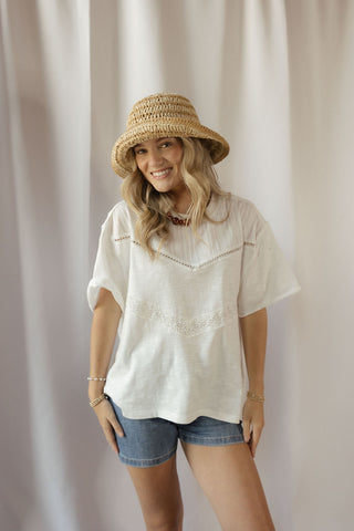 Coconut Lace Trim Tee, White - The Red Thread Boutique