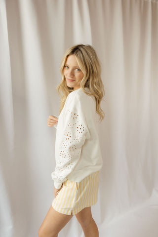 Mosaic Knit Eyelet Sweatshirt, White - The Red Thread Boutique