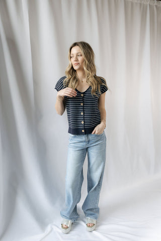 Carly Stripe Button Sweater, Navy - The Red Thread Boutique