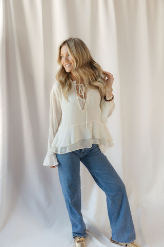 Maeve Ruffle Chiffon Top, Cream - The Red Thread Boutique