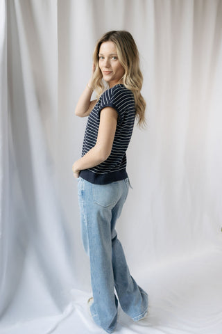 Carly Stripe Button Sweater, Navy - The Red Thread Boutique