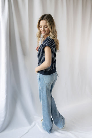 Carly Stripe Button Sweater, Navy - The Red Thread Boutique