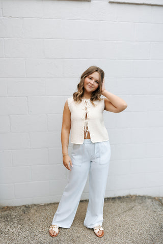 Tie Front Sleeveless Cardigan, Cream
