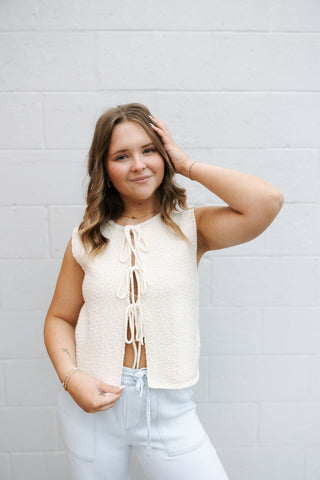 Tie Front Sleeveless Cardigan, Cream