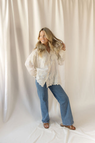 Tilly Embroidered Button Up, Cream - The Red Thread Boutique