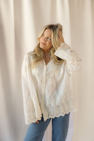 Tilly Embroidered Button Up, Cream - The Red Thread Boutique
