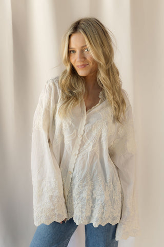 Tilly Embroidered Button Up, Cream - The Red Thread Boutique