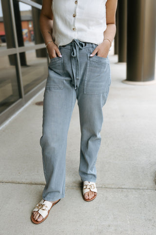 Front Tie Denim Pants, Blue Grey