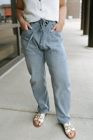 Front Tie Denim Pants, Blue Grey