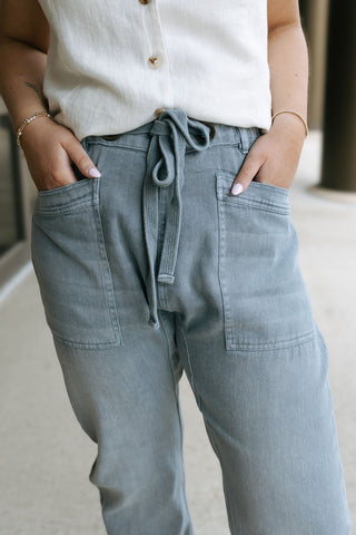 Front Tie Denim Pants, Blue Grey