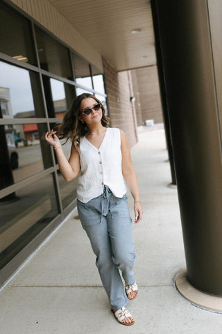 Front Tie Denim Pants, Blue Grey